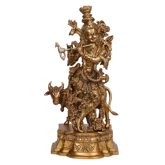 Brass Krishna with Cow Statue – 14" Golden Stone Studded Flute-Playing Idol | Home Decor | Meera Emporium